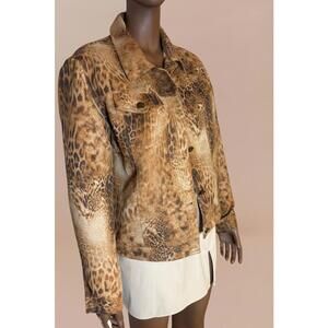 Vintage leopard print cheetah print button down denim jacket size L